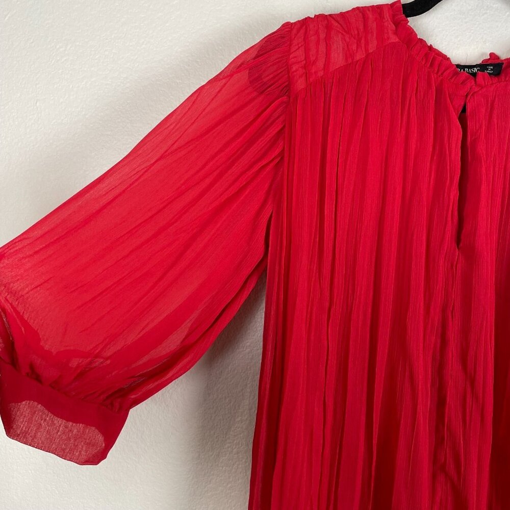 Zara‎ Womens XS Red Chiffon Pleated Blouse 3/4 Sleeve Shirt Top - Picture 8 of 14
